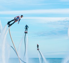 Participants in the Flyboard Record international extreme water sports festival in the Black Sea, Sochi.